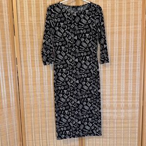 Forever 21 Womens Black White Geometric Tribal Print 3/4 Sleeve Midi Dress M Y2K